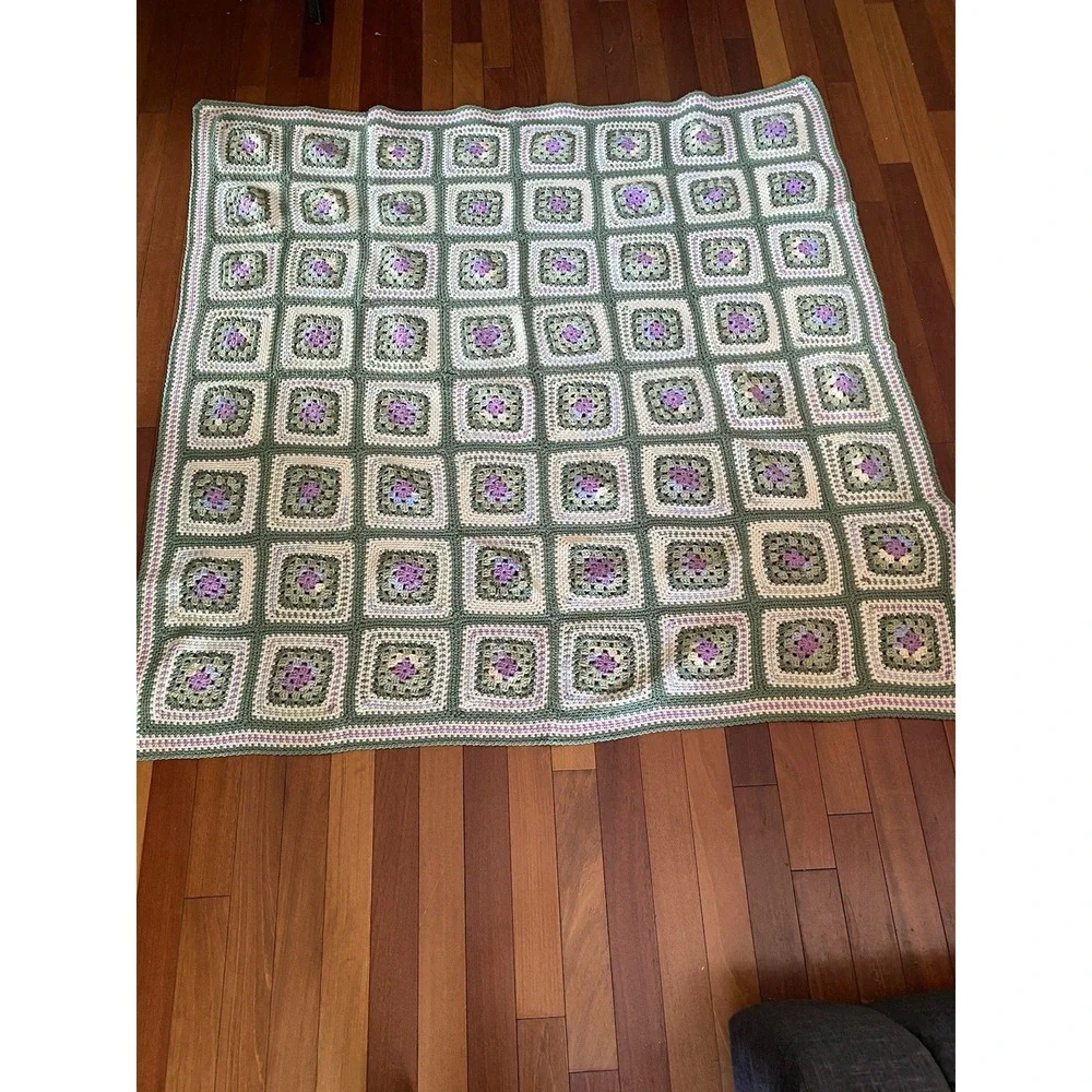 Vintage Handmade Crochet Green Cream Purple Afghan Throw Granny Square Blanket